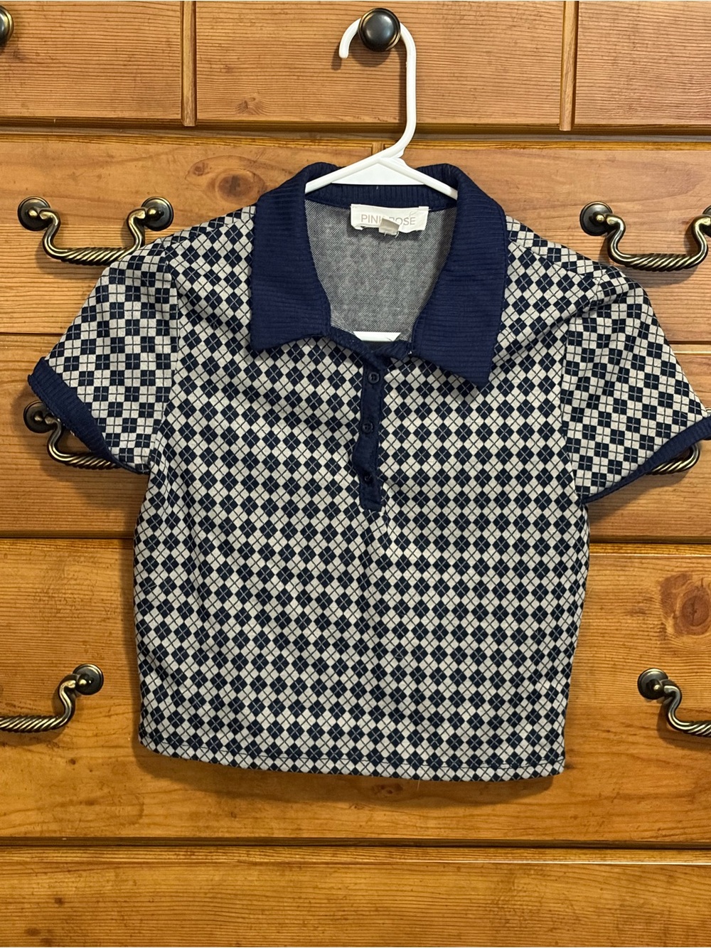 Pink Rose Navy & Cream Argyle Crop Polo Top